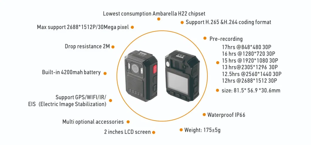 Outdoor IP66 IP67 IP68 Full HD 32GB 64GB 128GB Smart WiFi GPS Security Recording Body Worn Camera with Rear CCTV Camera